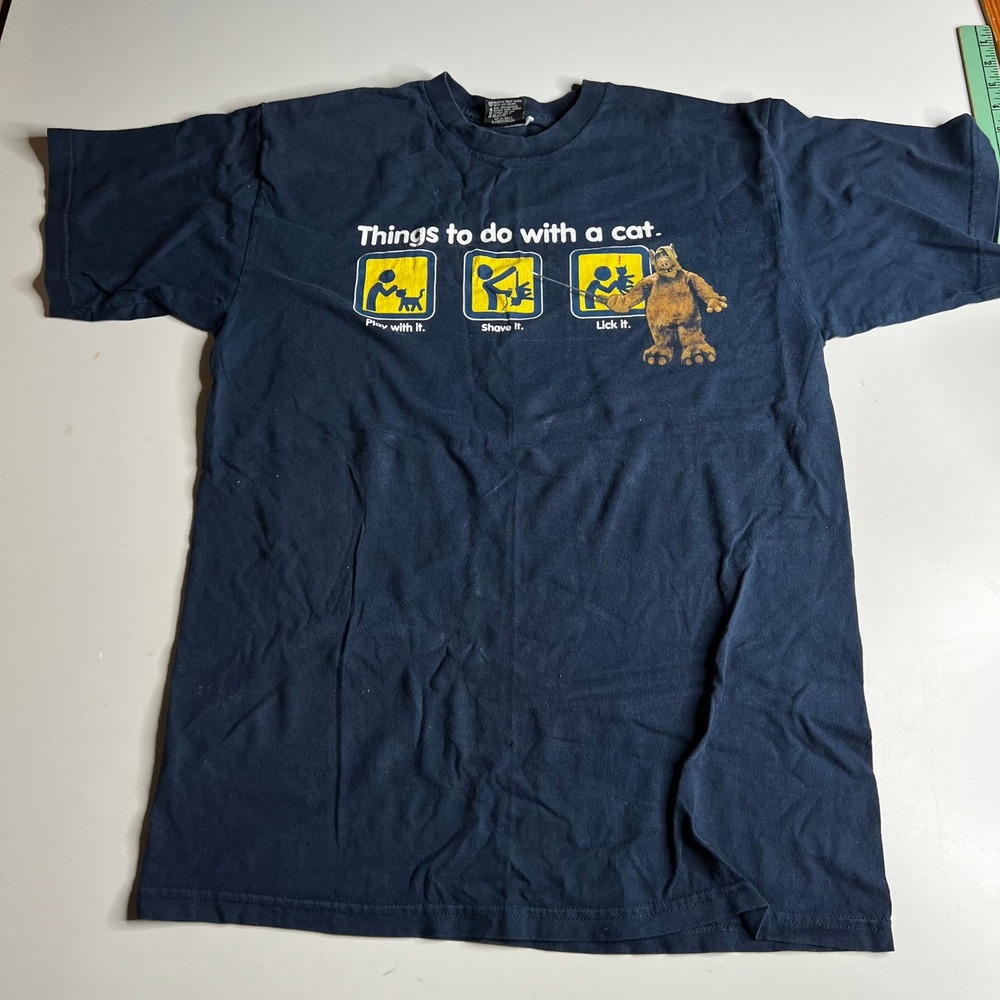 Vintage Alf Things To Do With A Cat T-Shirt Navy Blue ODM Graphic Tee Mens Large